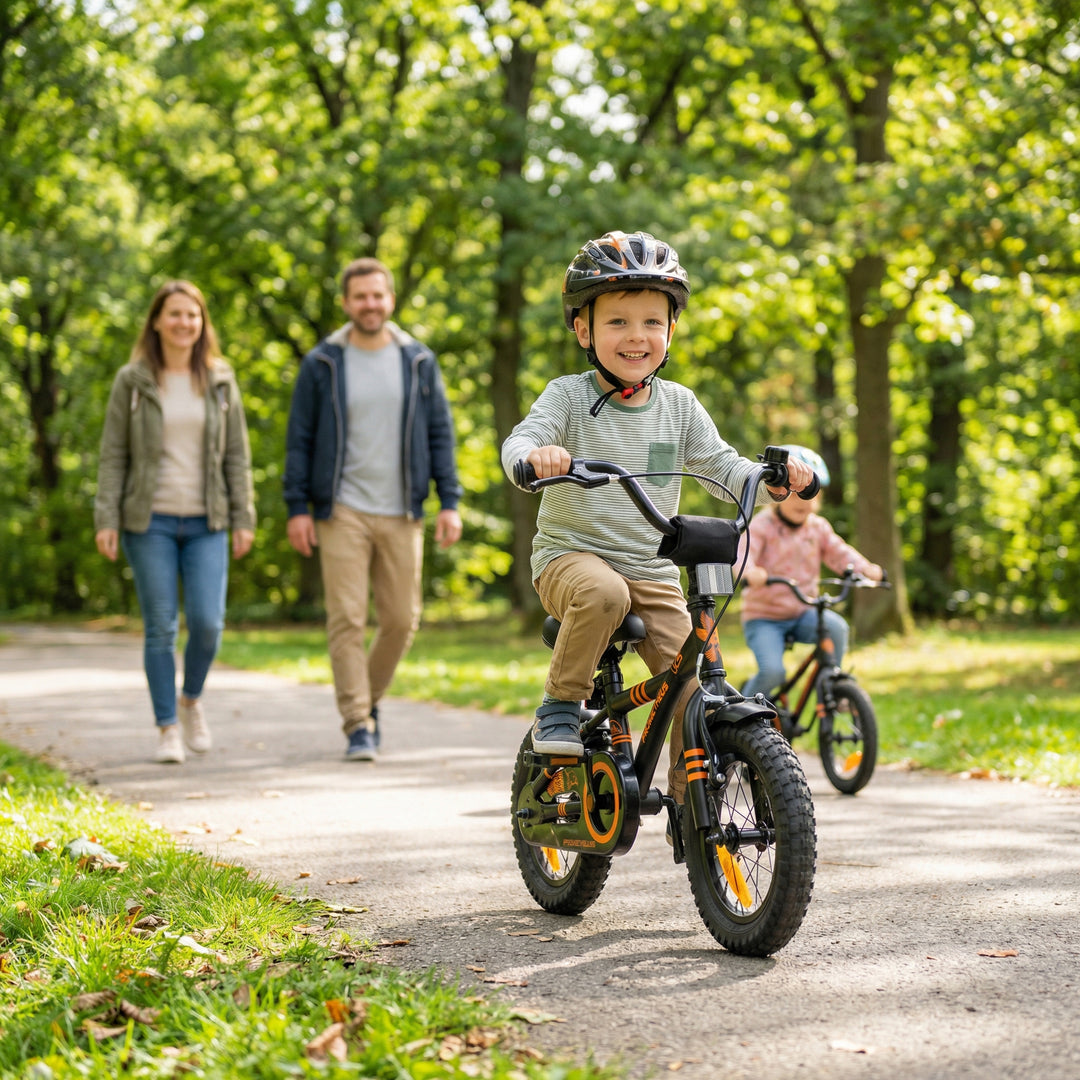Kinderfahrrad 12 Zoll ab 3 Jahre mit Stützräder Schwarz Matt & Orange