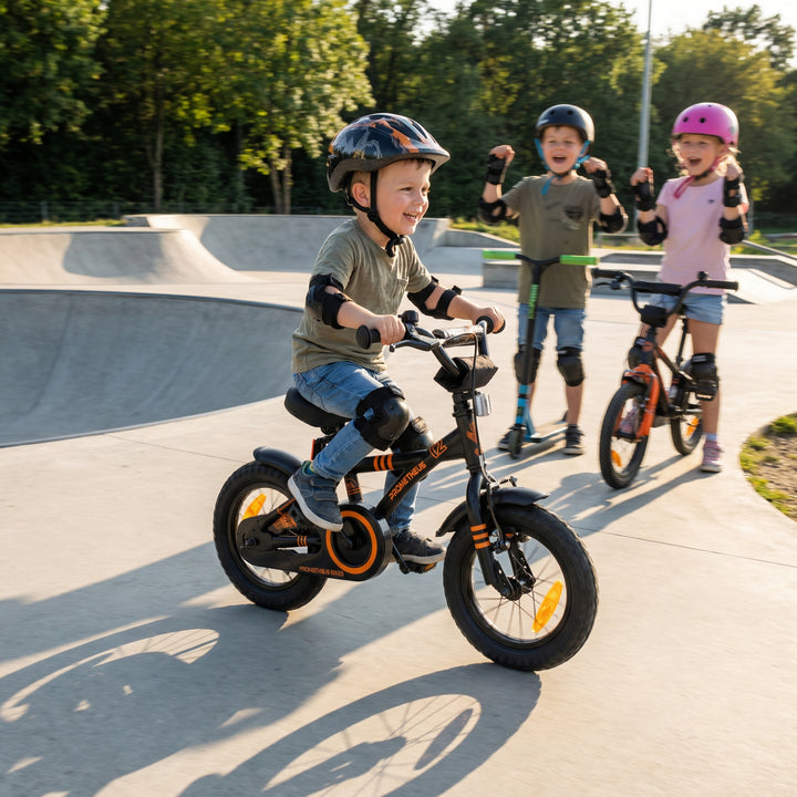 Kinderfahrrad 12 Zoll ab 3 Jahre mit Stützräder Schwarz Matt & Orange