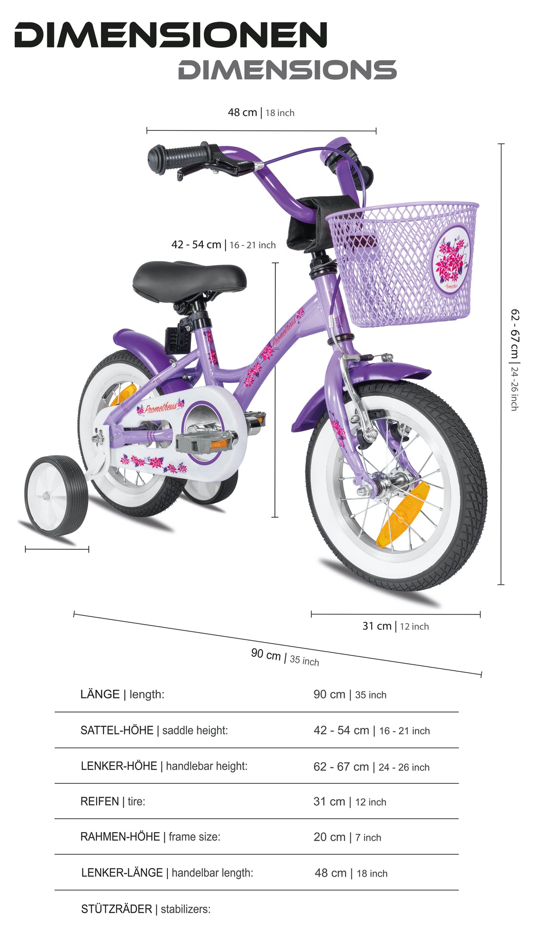 Kinderfahrrad 12 Zoll ab 3 Jahre mit Stützräder in Violett & Weiß