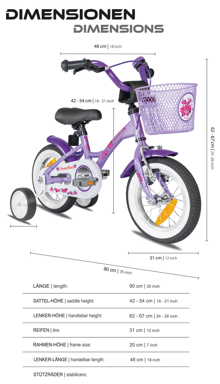 Kinderfahrrad 12 Zoll ab 3 Jahre mit Stützräder in Violett & Weiß