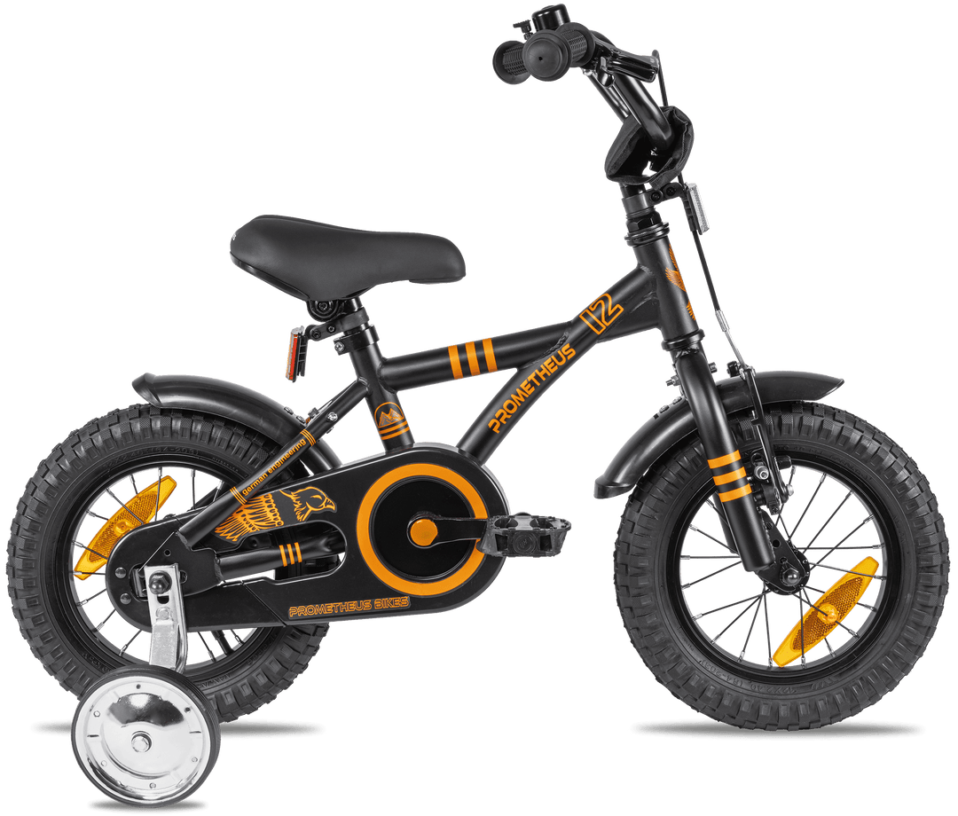 Kinderfahrrad 12 Zoll ab 3 Jahre mit Stützräder in Schwarz Matt & Orange