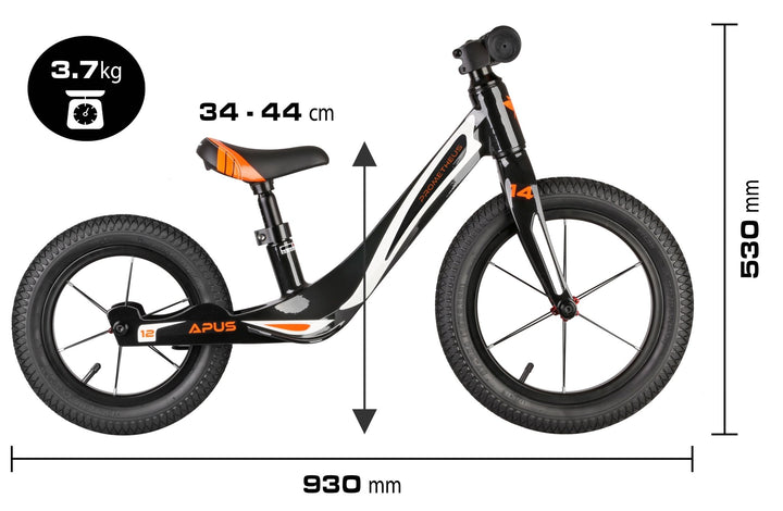 APUS Kinderlaufrad 14/12 Zol in Schwarz - Orange – Laufräder 12 - 14 Zoll von prometheus - bikes | prometheus - bikes