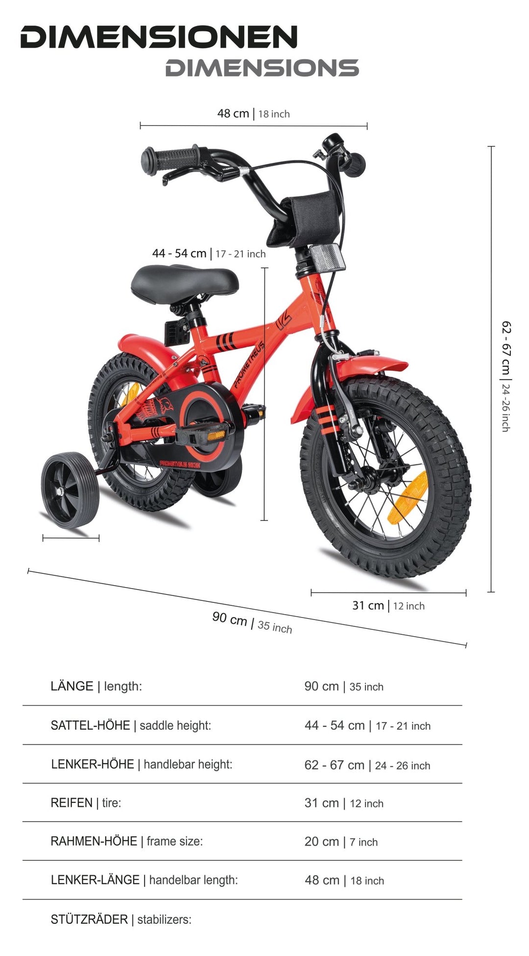 Kinderfahrrad 12 Zoll ab 3 Jahre mit Stützräder in Rot & Schwarz – Kinderfahrrad 12 Zoll von prometheus - bikes | prometheus - bikes