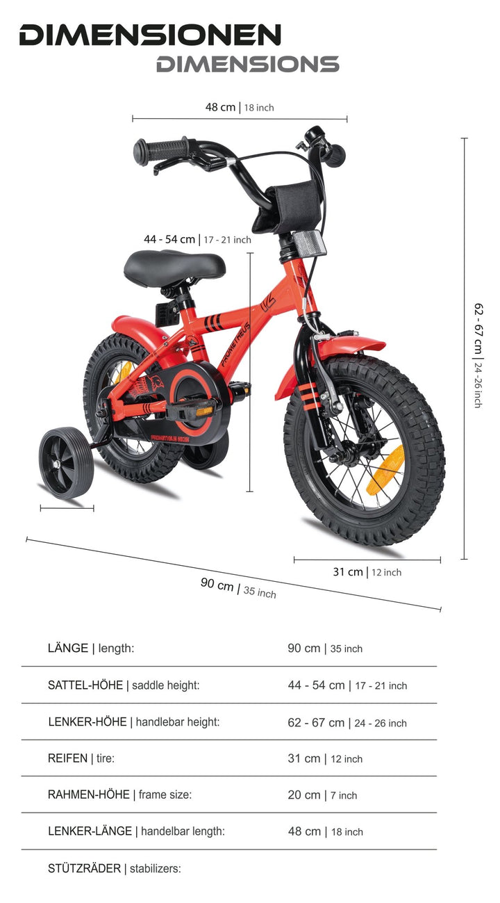 Kinderfahrrad 12 Zoll ab 3 Jahre mit Stützräder in Rot & Schwarz – Kinderfahrrad 12 Zoll von prometheus - bikes | prometheus - bikes