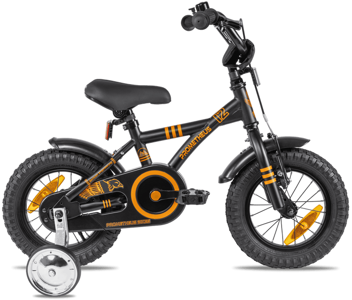 Kinderfahrrad 12 Zoll ab 3 Jahre mit Stützräder in Schwarz Matt & Orange – Kinderfahrrad 12 Zoll von prometheus - bikes | prometheus - bikes