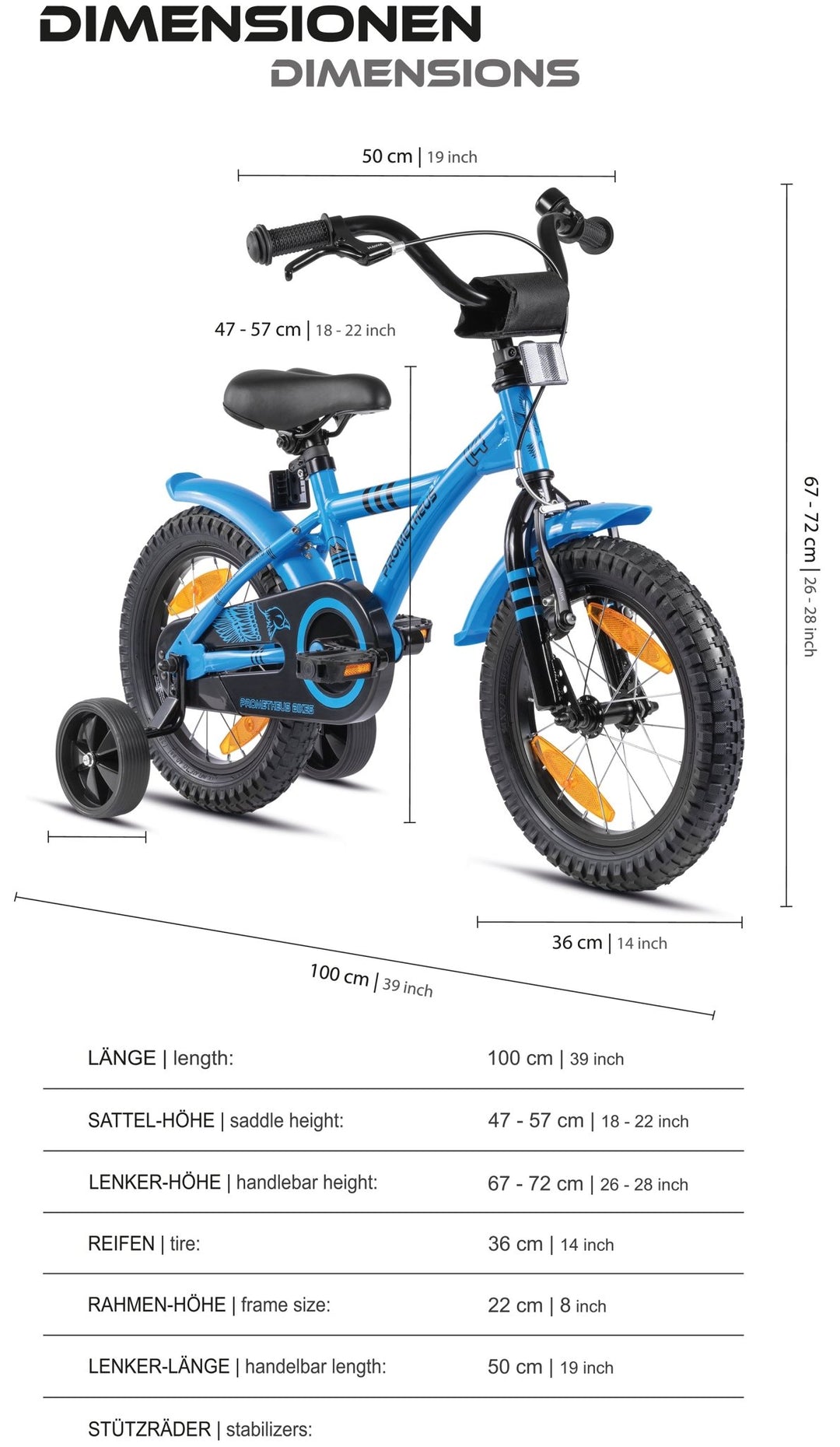 Kinderfahrrad 14 Zoll ab 3 - 4 Jahre mit Stützräder in Blau & Schwarz – Kinderfahrrad 14 Zoll von prometheus - bikes | prometheus - bikes