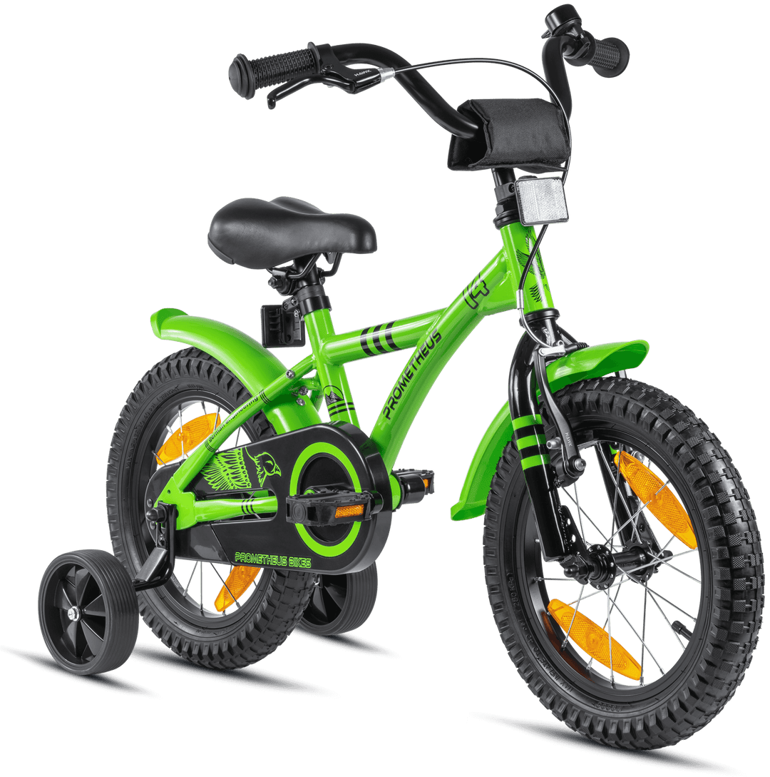 Kinderfahrrad 14 Zoll ab 3 - 4 Jahre mit Stützräder in Grün & Schwarz – Kinderfahrrad 14 Zoll von prometheus - bikes | prometheus - bikes