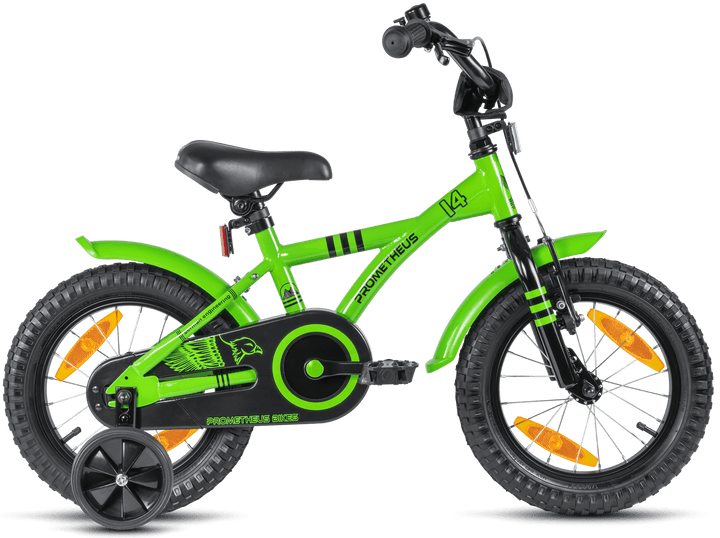 Kinderfahrrad 14 Zoll ab 3 - 4 Jahre mit Stützräder in Grün & Schwarz – Kinderfahrrad 14 Zoll von prometheus - bikes | prometheus - bikes