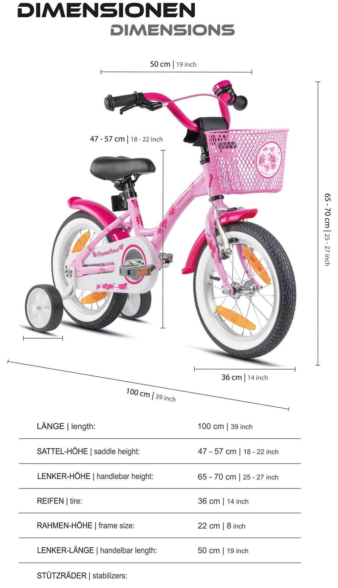 Kinderfahrrad 14 Zoll ab 3 - 4 Jahre mit Stützräder in Rosa & Weiß – Kinderfahrrad 14 Zoll von prometheus - bikes | prometheus - bikes
