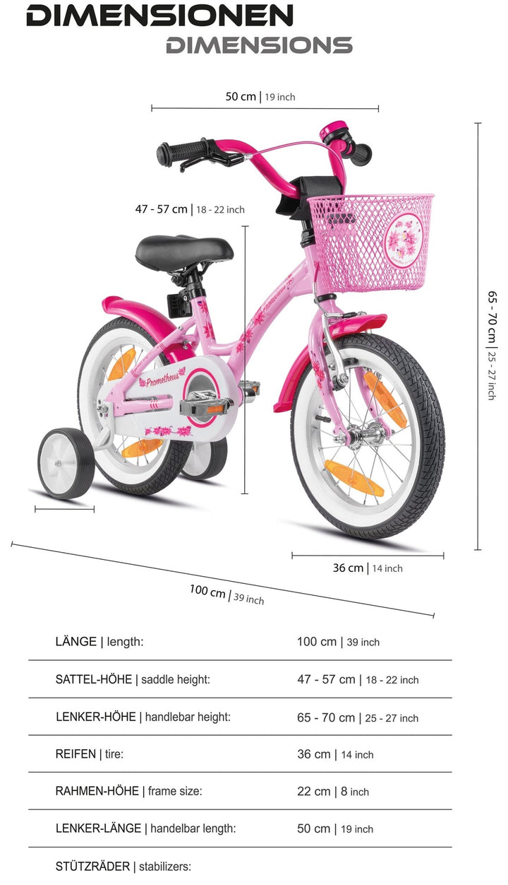 Kinderfahrrad 14 Zoll ab 3 - 4 Jahre mit Stützräder in Rosa & Weiß – Kinderfahrrad 14 Zoll von prometheus - bikes | prometheus - bikes