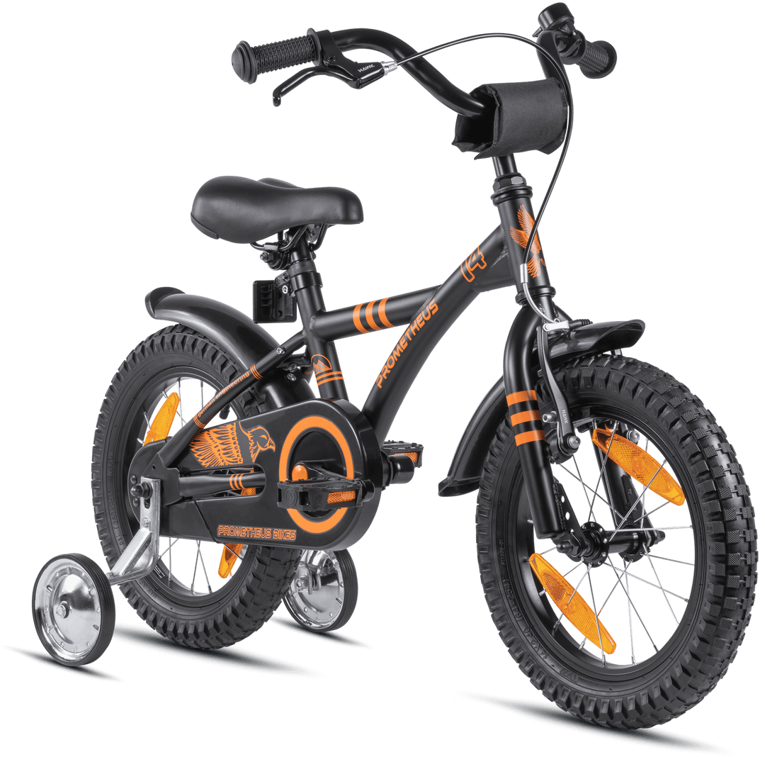 Kinderfahrrad 14 Zoll ab 3 - 4 Jahre mit Stützräder in Schwarz Matt & Orange – Kinderfahrrad 14 Zoll von prometheus - bikes | prometheus - bikes