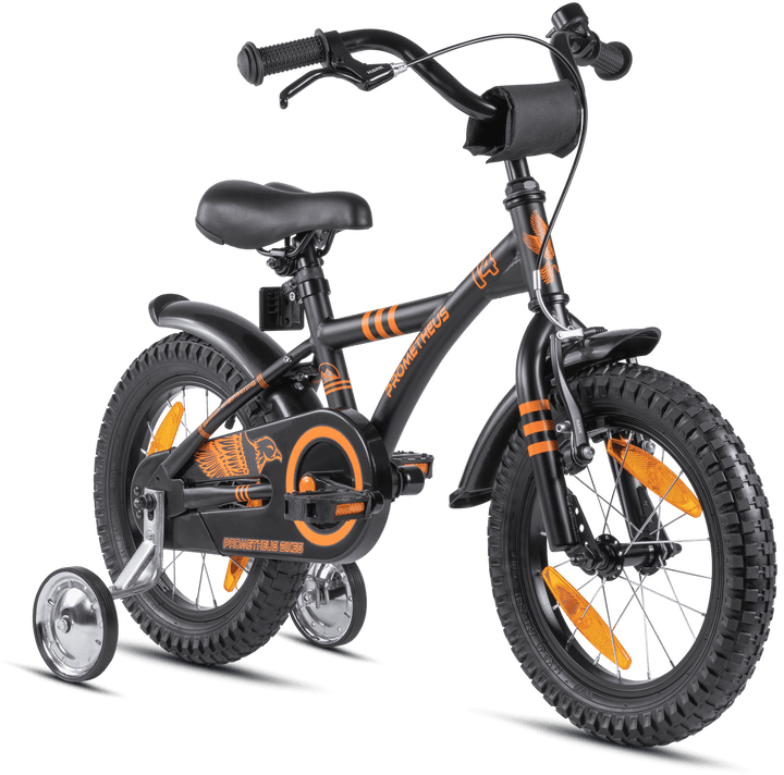 Kinderfahrrad 14 Zoll ab 3 - 4 Jahre mit Stützräder in Schwarz Matt & Orange – Kinderfahrrad 14 Zoll von prometheus - bikes | prometheus - bikes