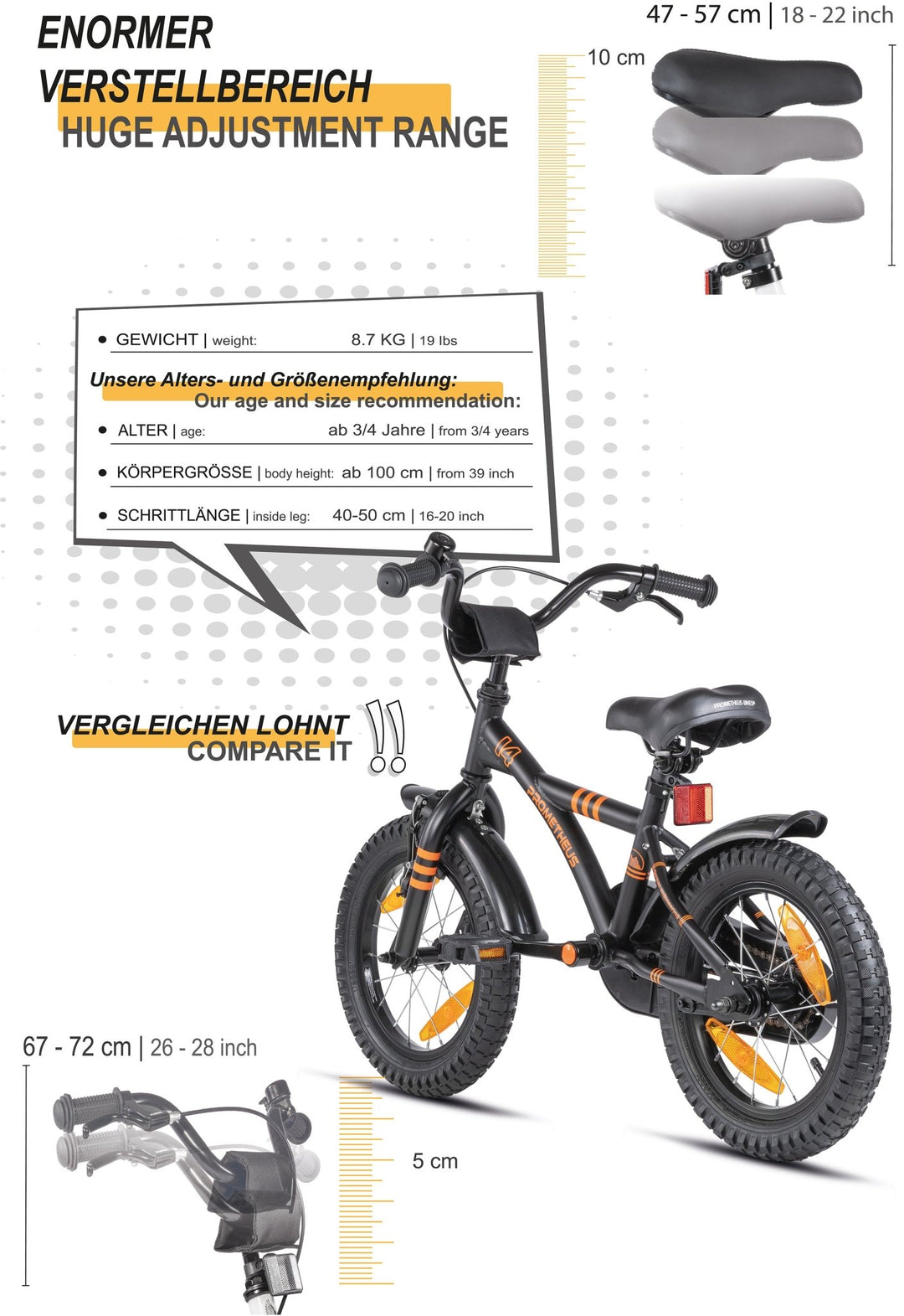Kinderfahrrad 14 Zoll ab 3 - 4 Jahre mit Stützräder in Schwarz Matt & Orange – Kinderfahrrad 14 Zoll von prometheus - bikes | prometheus - bikes