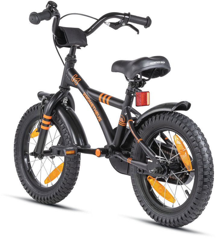 Kinderfahrrad 14 Zoll ab 3 - 4 Jahre mit Stützräder in Schwarz Matt & Orange – Kinderfahrrad 14 Zoll von prometheus - bikes | prometheus - bikes