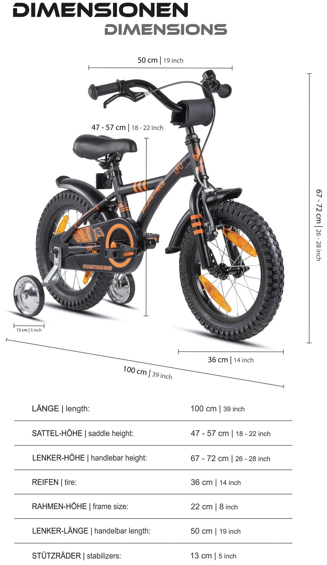 Kinderfahrrad 14 Zoll ab 3 - 4 Jahre mit Stützräder in Schwarz Matt & Orange – Kinderfahrrad 14 Zoll von prometheus - bikes | prometheus - bikes