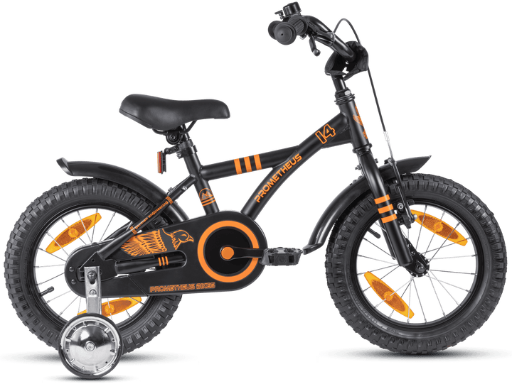 Kinderfahrrad 14 Zoll ab 3 - 4 Jahre mit Stützräder in Schwarz Matt & Orange – Kinderfahrrad 14 Zoll von prometheus - bikes | prometheus - bikes