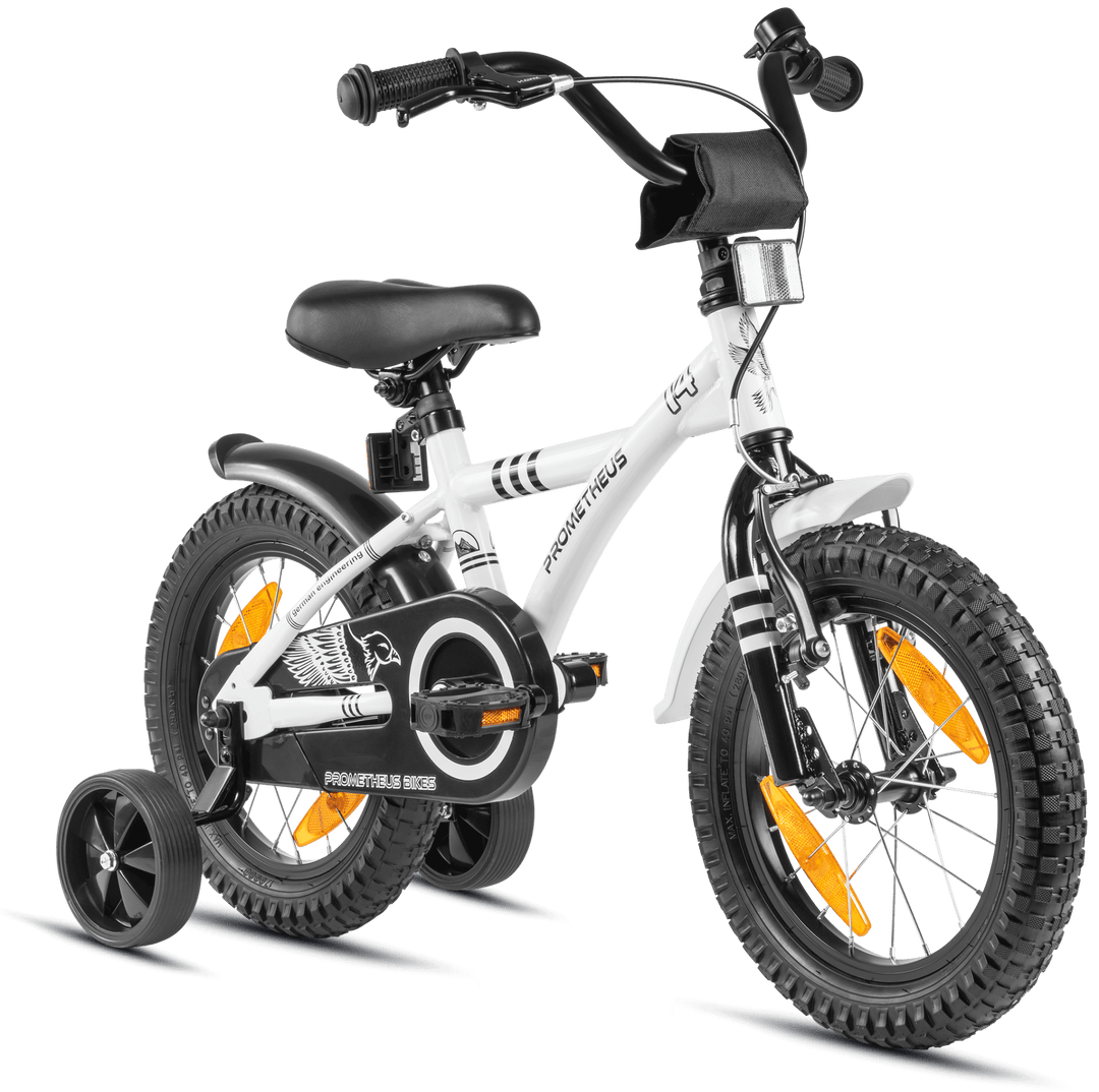 Kinderfahrrad 14 Zoll ab 3 - 4 Jahre mit Stützräder in Weiß & Schwarz – Kinderfahrrad 14 Zoll von prometheus - bikes | prometheus - bikes