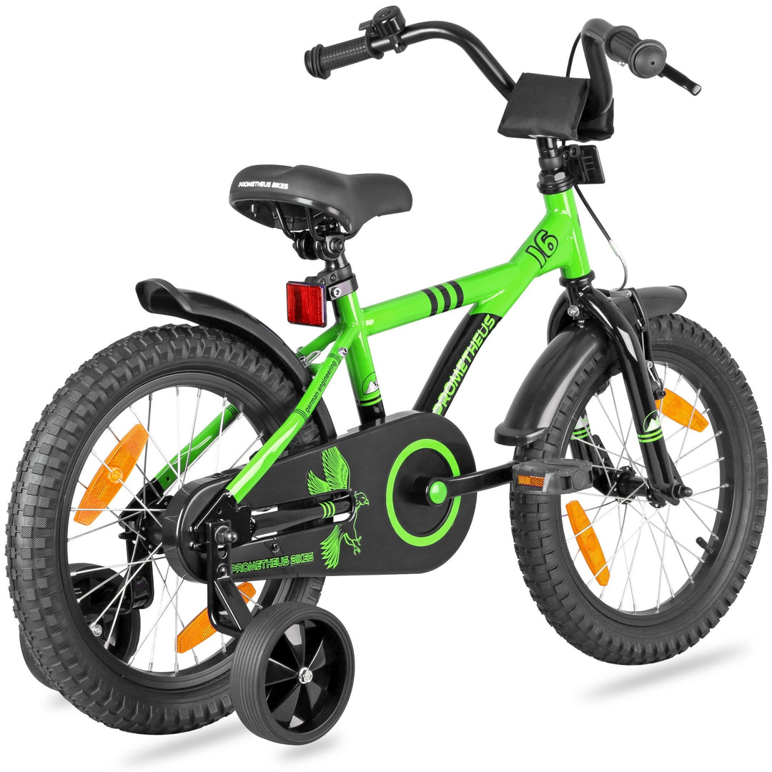 Kinderfahrrad 16 Zoll ab 4 - 5 Jahre mit Stützräder in Grün & Schwarz – Kinderfahrrad 16 Zoll von prometheus - bikes | prometheus - bikes