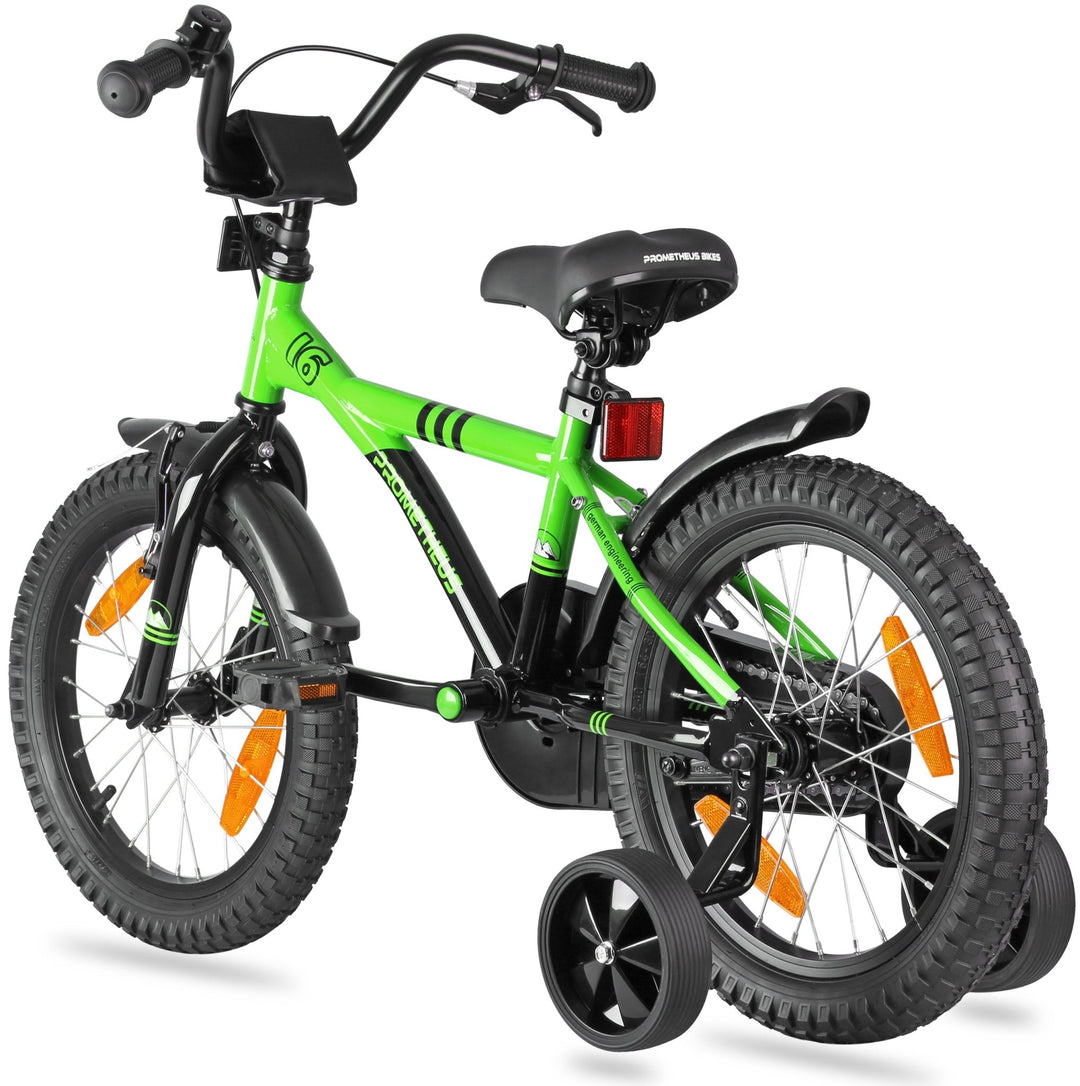 Kinderfahrrad 16 Zoll ab 4 - 5 Jahre mit Stützräder in Grün & Schwarz – Kinderfahrrad 16 Zoll von prometheus - bikes | prometheus - bikes