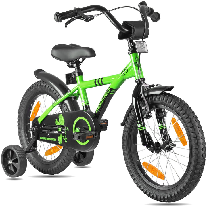 Kinderfahrrad 16 Zoll ab 4 - 5 Jahre mit Stützräder in Grün & Schwarz – Kinderfahrrad 16 Zoll von prometheus - bikes | prometheus - bikes