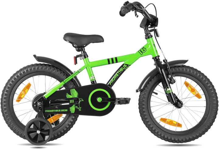 Kinderfahrrad 16 Zoll ab 4 - 5 Jahre mit Stützräder in Grün & Schwarz – Kinderfahrrad 16 Zoll von prometheus - bikes | prometheus - bikes