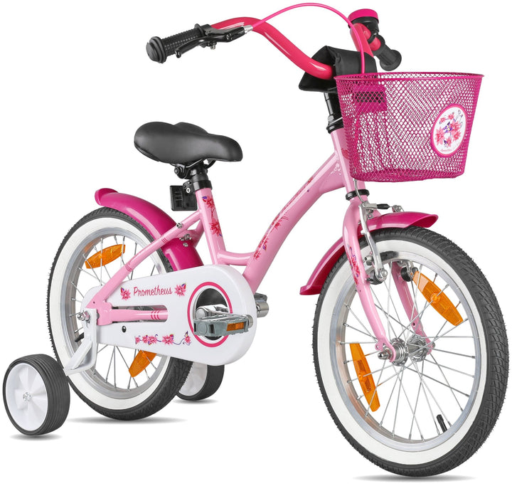 Kinderfahrrad 16 Zoll ab 4 - 5 Jahre mit Stützräder in Rosa & Weiss – Kinderfahrrad 16 Zoll von prometheus - bikes | prometheus - bikes