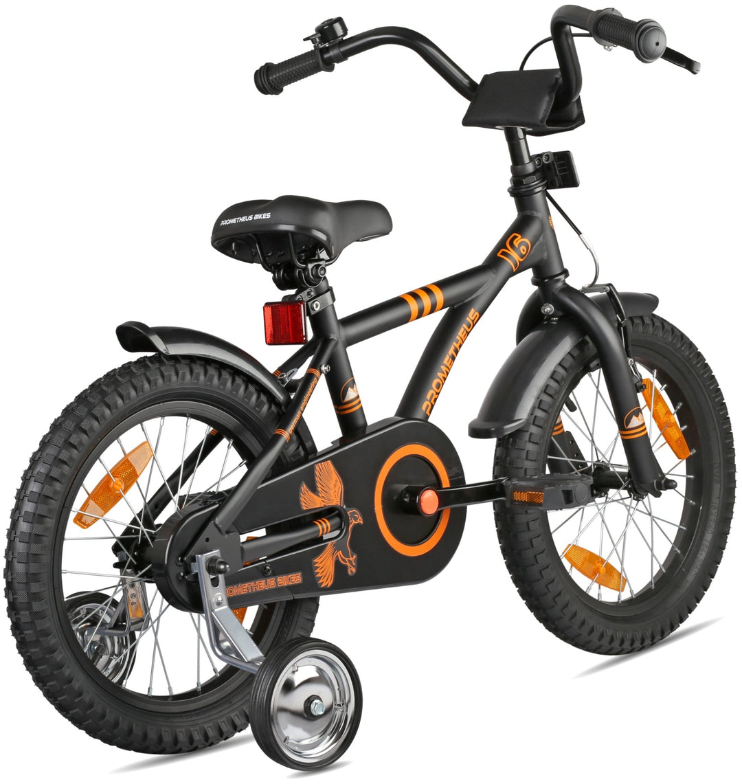 Kinderfahrrad 16 Zoll ab 4 - 5 Jahre mit Stützräder in Schwarz Matt & Orange – Kinderfahrrad 16 Zoll von prometheus - bikes | prometheus - bikes
