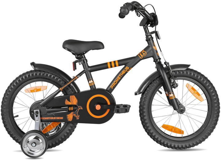 Kinderfahrrad 16 Zoll ab 4 - 5 Jahre mit Stützräder in Schwarz Matt & Orange – Kinderfahrrad 16 Zoll von prometheus - bikes | prometheus - bikes