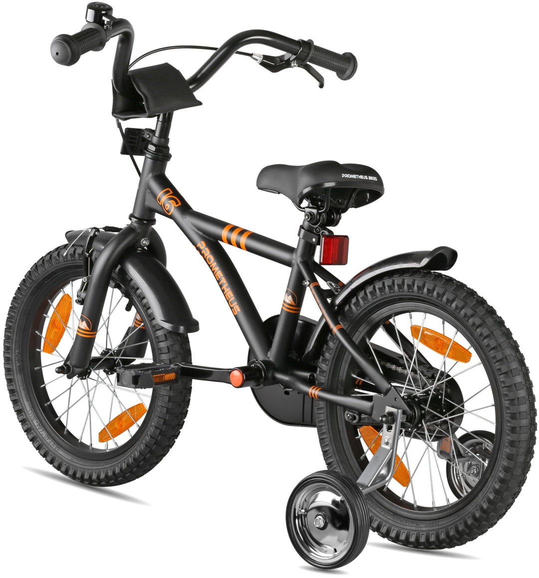 Kinderfahrrad 16 Zoll ab 4 - 5 Jahre mit Stützräder in Schwarz Matt & Orange – Kinderfahrrad 16 Zoll von prometheus - bikes | prometheus - bikes