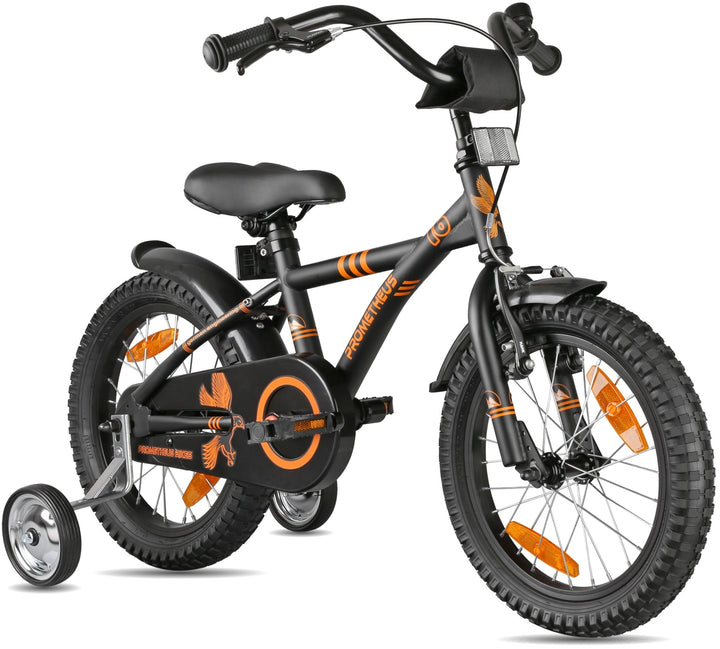 Kinderfahrrad 16 Zoll ab 4 - 5 Jahre mit Stützräder in Schwarz Matt & Orange – Kinderfahrrad 16 Zoll von prometheus - bikes | prometheus - bikes