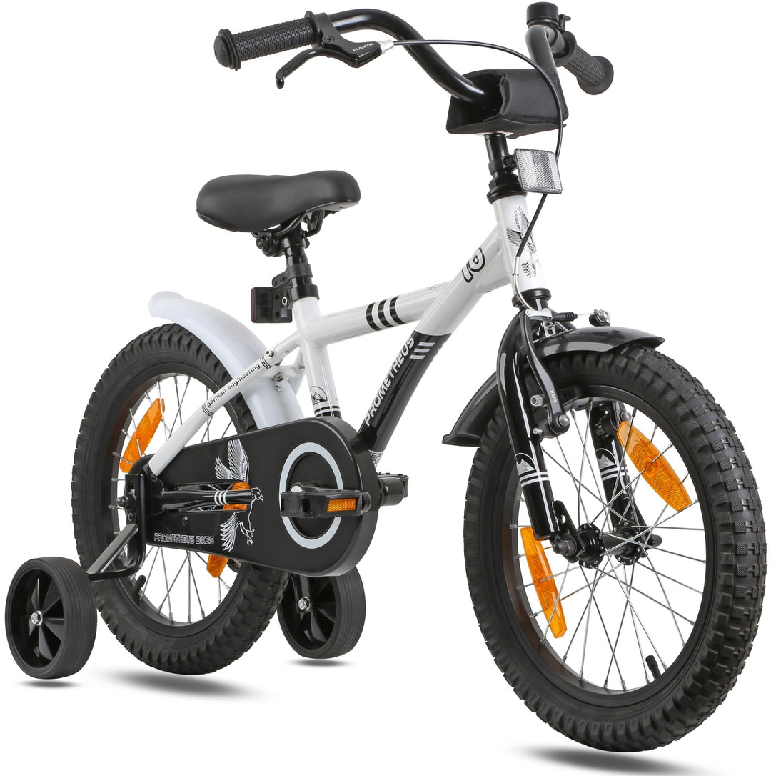Kinderfahrrad 16 Zoll ab 4 - 5 Jahre mit Stützräder in Weiß & Schwarz – Kinderfahrrad 16 Zoll von prometheus - bikes | prometheus - bikes