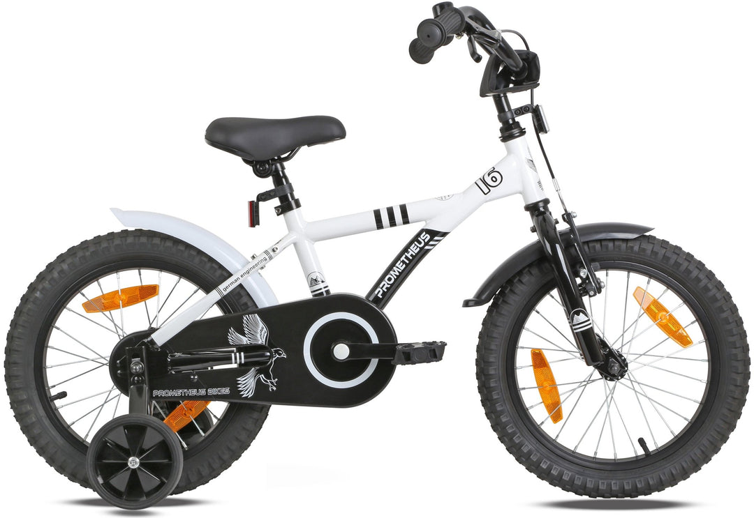 Kinderfahrrad 16 Zoll ab 4 - 5 Jahre mit Stützräder in Weiß & Schwarz – Kinderfahrrad 16 Zoll von prometheus - bikes | prometheus - bikes