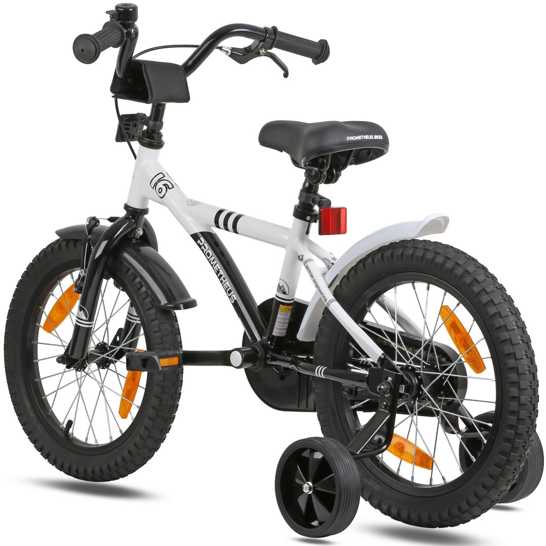 Kinderfahrrad 16 Zoll ab 4 - 5 Jahre mit Stützräder in Weiß & Schwarz – Kinderfahrrad 16 Zoll von prometheus - bikes | prometheus - bikes