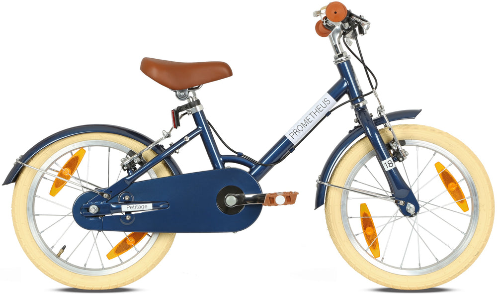 Blaues Kinderfahrrad 18 Zoll, Seitenansicht mit Stützrädern