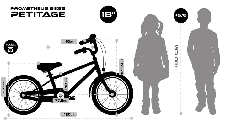 Größenvergleich schwarzes Kinderfahrrad 18 Zoll mit Kind und Erwachsenem