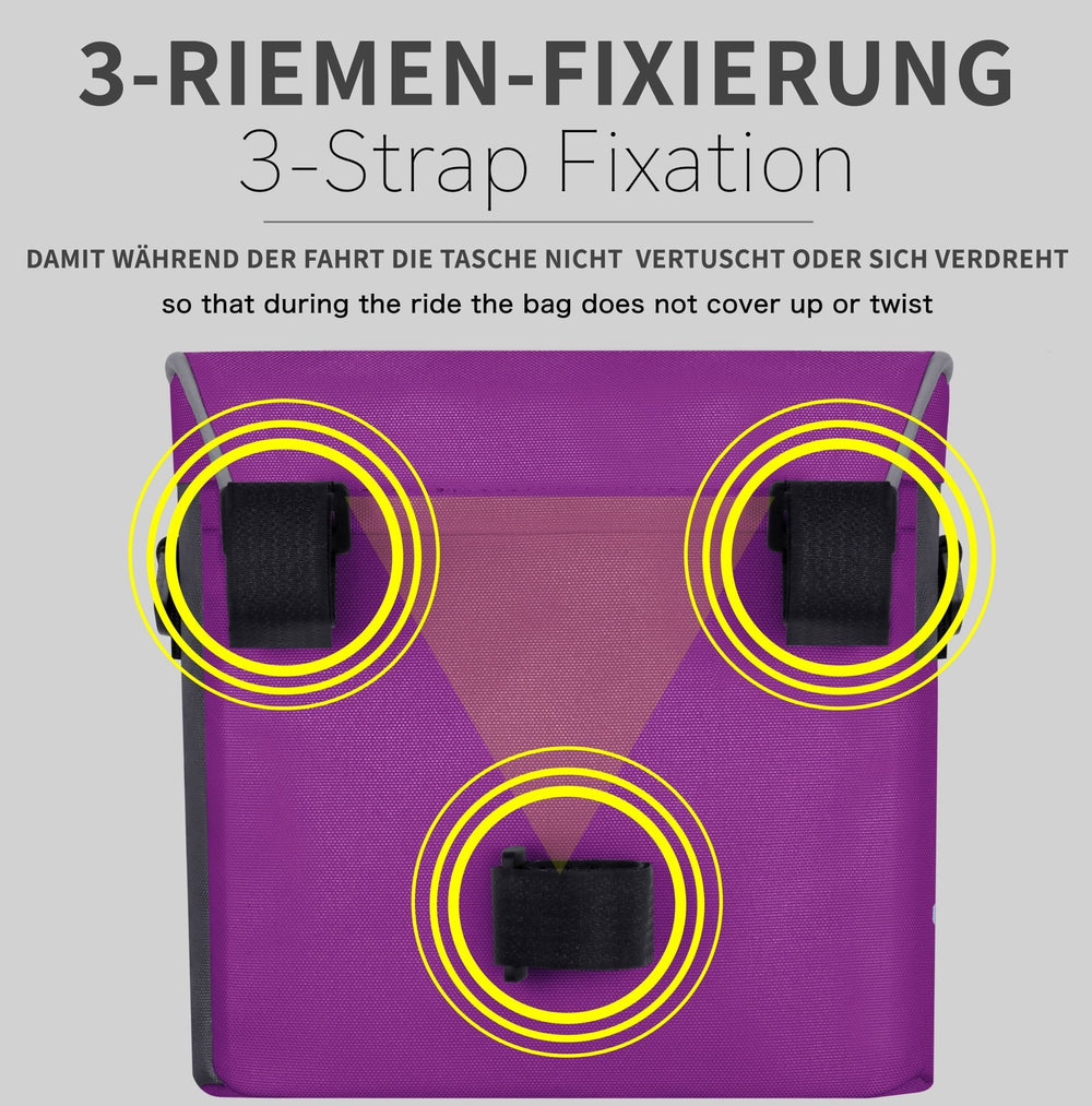 Lenkertasche mit Tragegurt & 3 Riemen Sicherung in Violett – Lenkertaschen von prometheus - bikes | prometheus - bikes