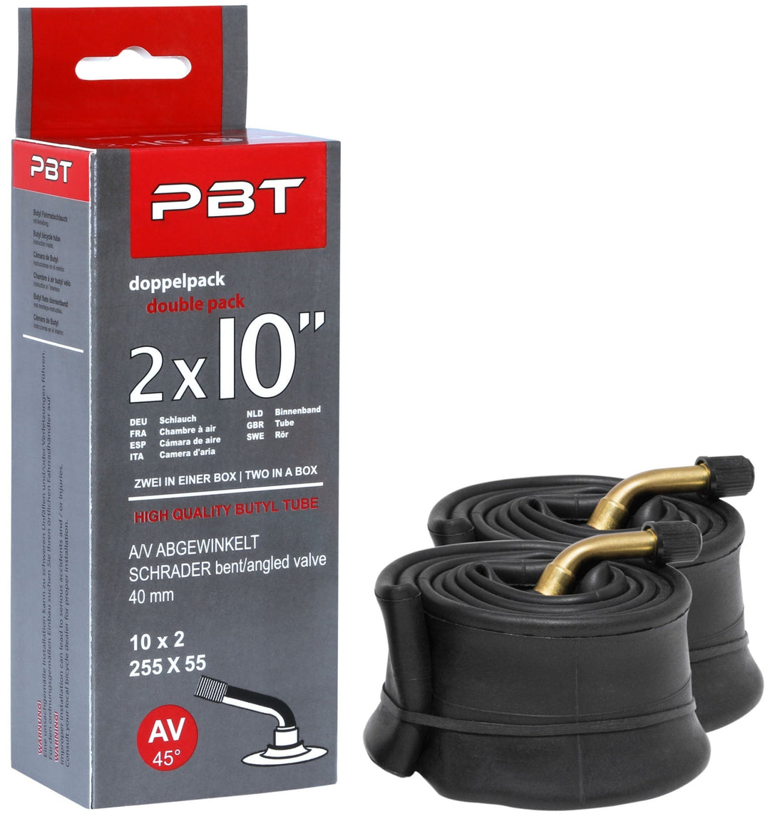 PBT Schlauch 2 x 10 Zoll AV abgewinkelt Doppelpack für Laufrad Roller und Kinderwagen – Fahrradschlauch von prometheus - bikes | prometheus - bikes