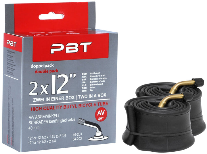 PBT Schlauch 2 x 12 Zoll AV abgewinkelt Doppelpack für Kinderfahrrad Laufrad Roller und Kinderwagen – Fahrradschlauch von prometheus - bikes | prometheus - bikes