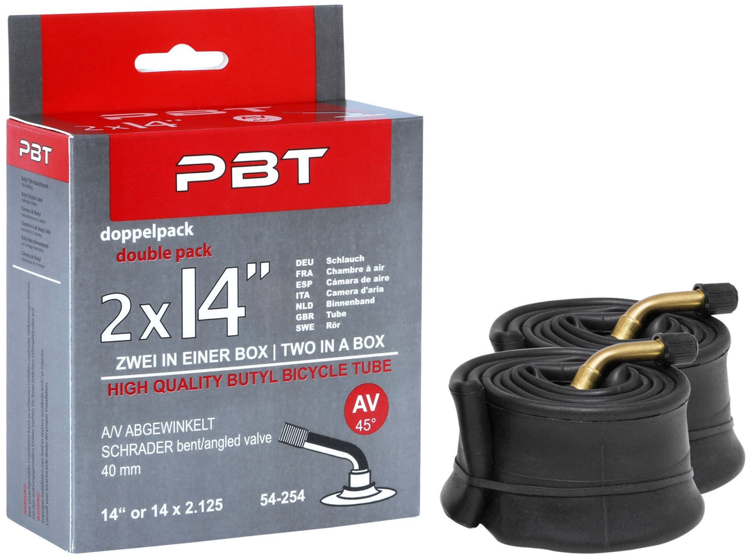 PBT Schlauch 2 x 14 Zoll AV abgewinkelt Doppelpack für Kinderfahrrad – Fahrradschlauch von prometheus - bikes | prometheus - bikes
