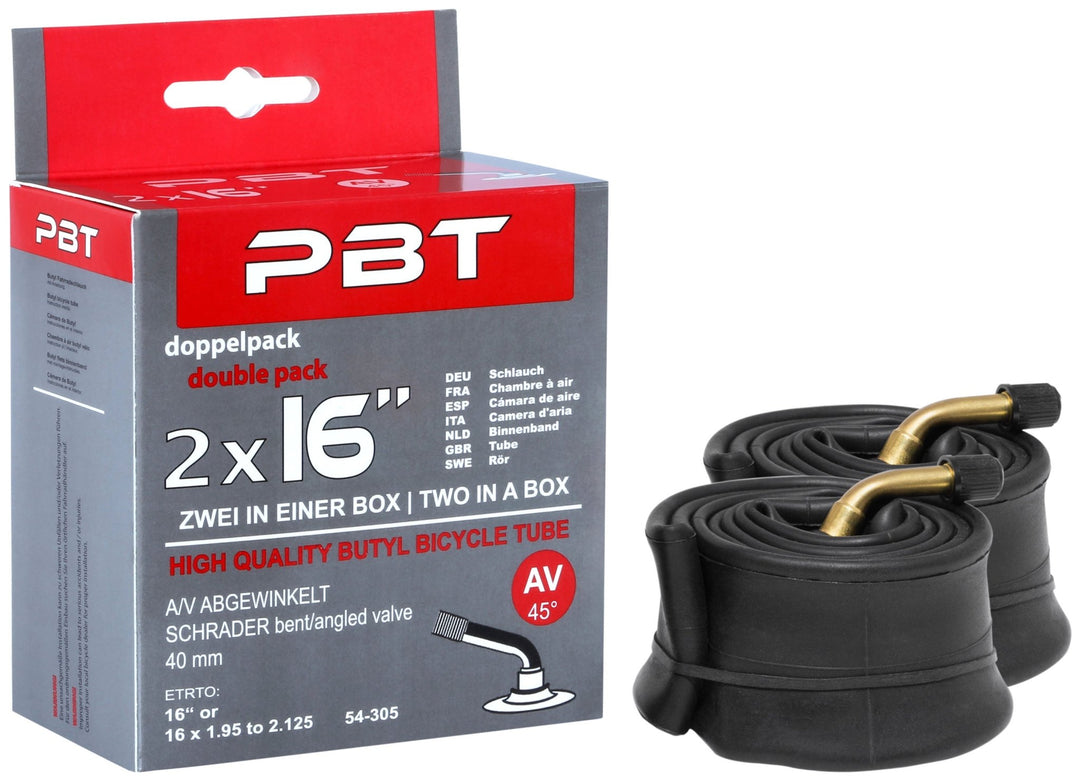 PBT Schlauch 2 x 16 Zoll AV abgewinkelt Doppelpack für Kinderfahrrad – Fahrradschlauch von prometheus - bikes | prometheus - bikes