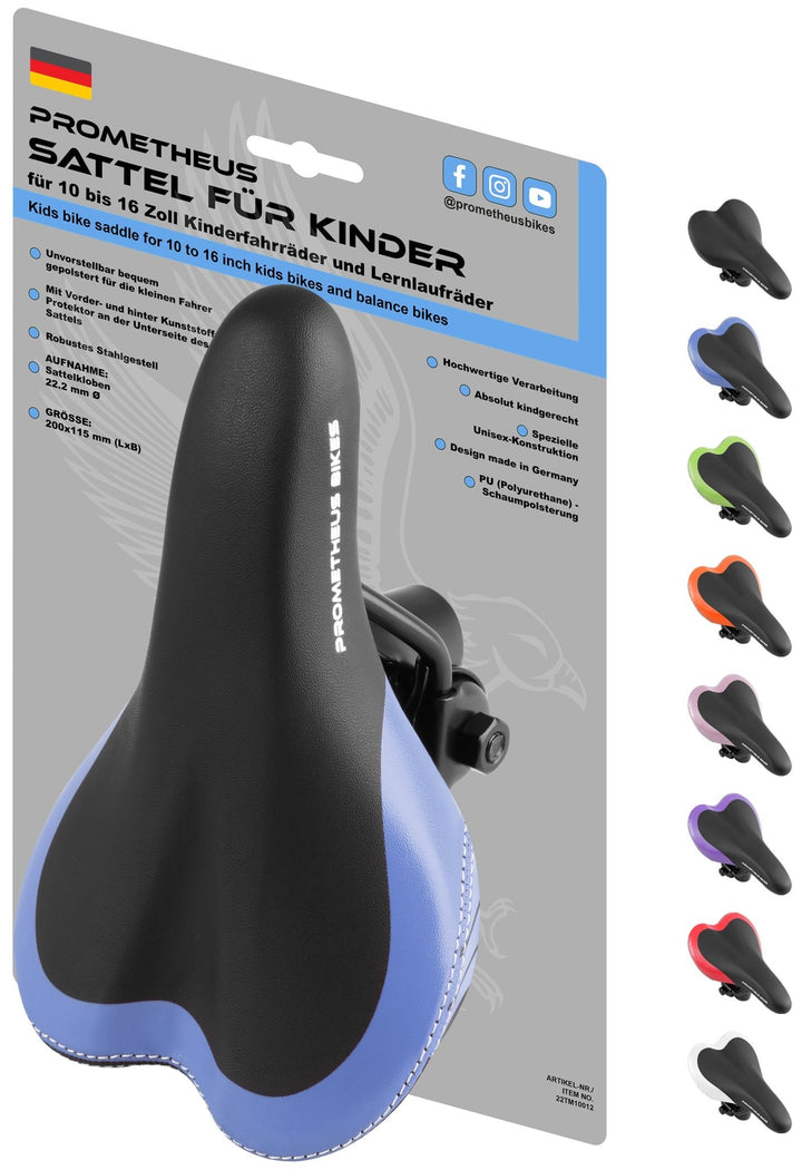 Sattel für 10 bis 16 Zoll Kinderfahrrad Laufrad in Blau – Fahrradsättel von prometheus - bikes | prometheus - bikes