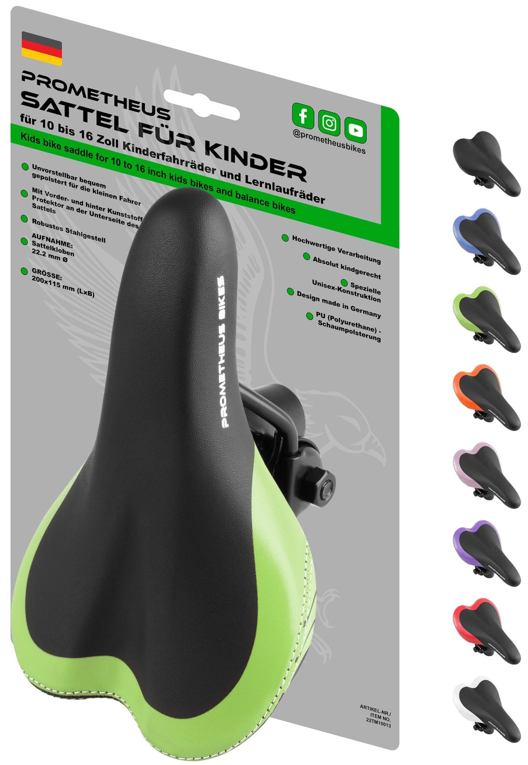 Sattel für 10 bis 16 Zoll Kinderfahrrad Laufrad in Grün – Fahrradsättel von prometheus - bikes | prometheus - bikes