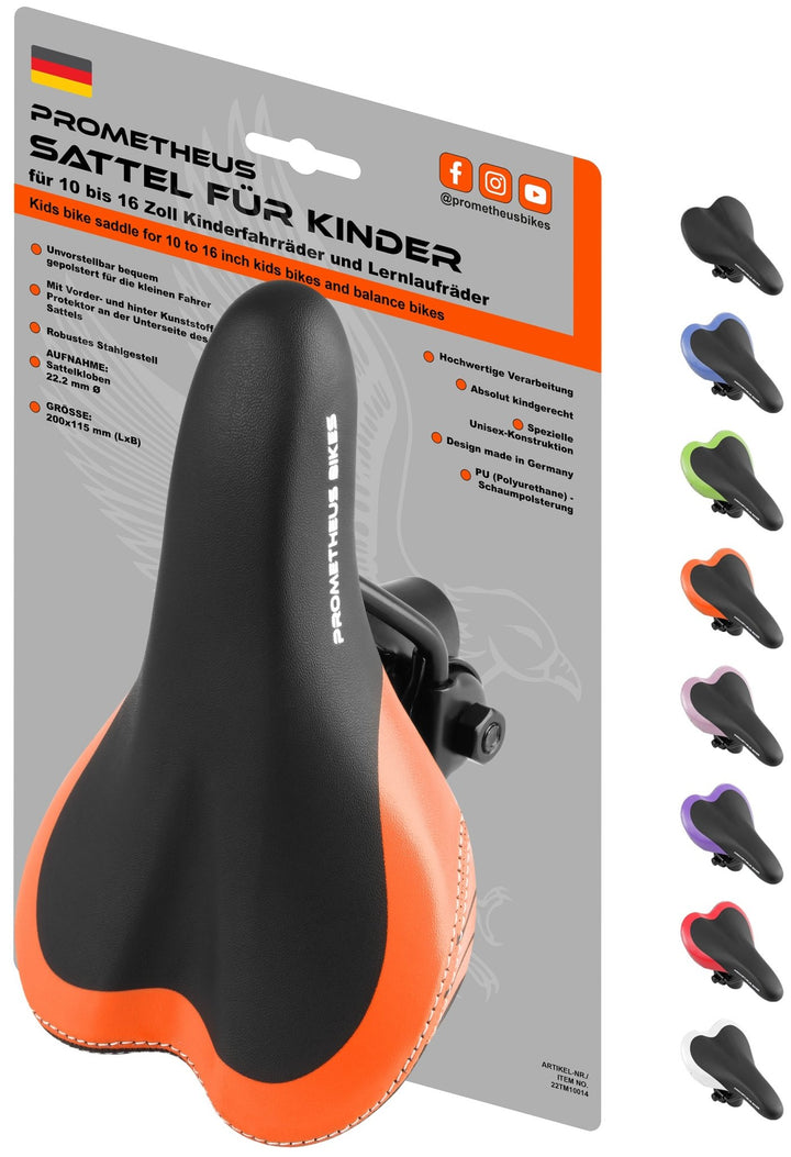 Sattel für 10 bis 16 Zoll Kinderfahrrad Laufrad in Orange – Fahrradsättel von prometheus - bikes | prometheus - bikes