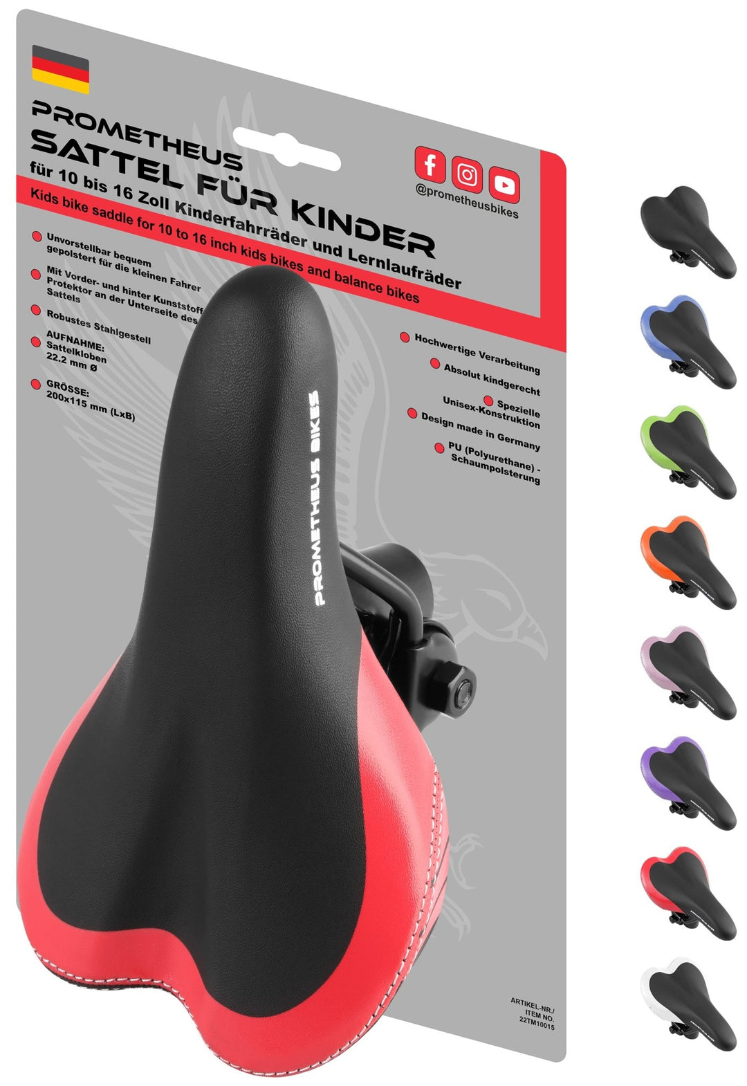 Sattel für 10 bis 16 Zoll Kinderfahrrad Laufrad in Rot – Fahrradsättel von prometheus - bikes | prometheus - bikes