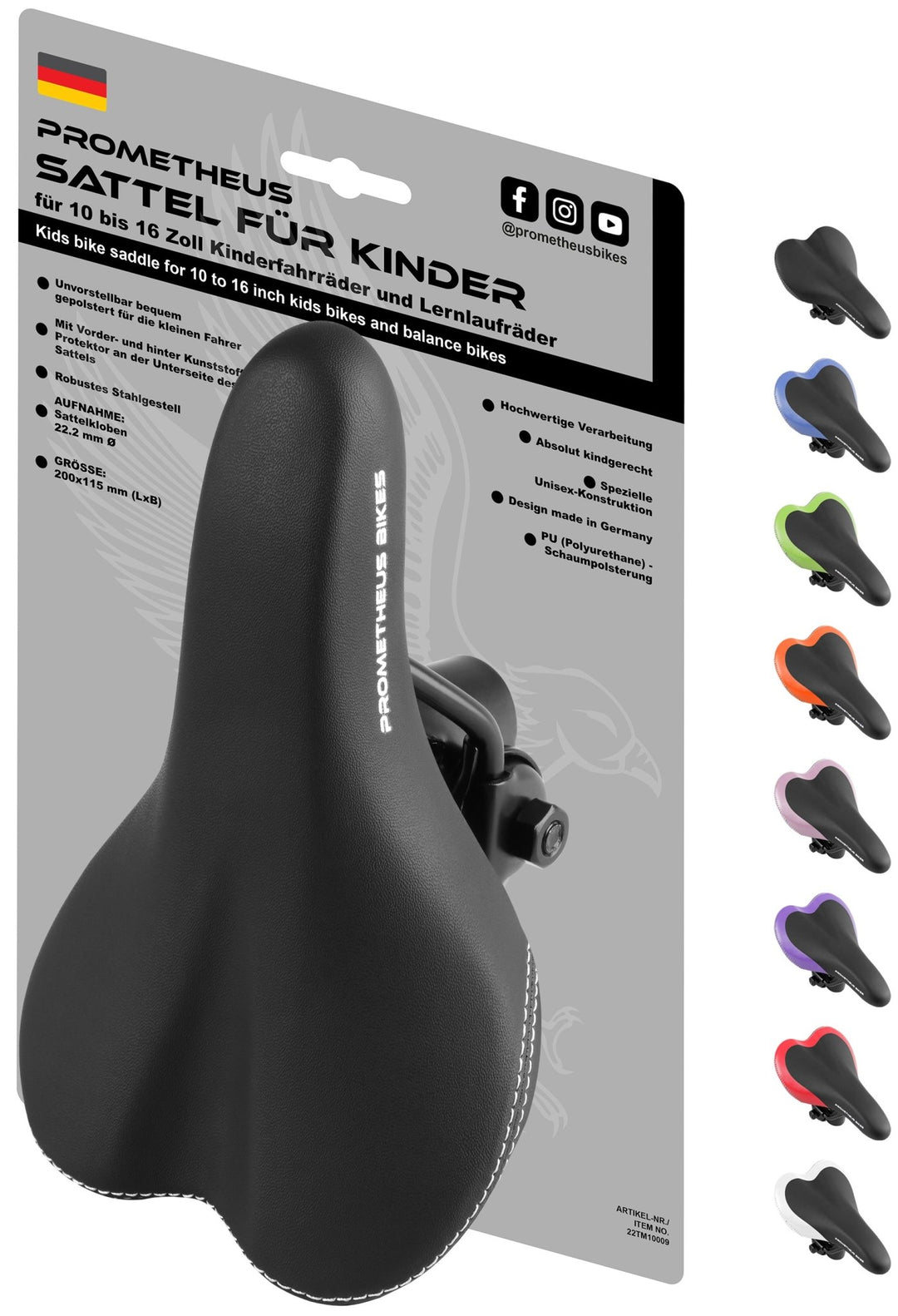 Sattel für 10 bis 16 Zoll Kinderfahrrad Laufrad in Schwarz – Fahrradsättel von prometheus - bikes | prometheus - bikes