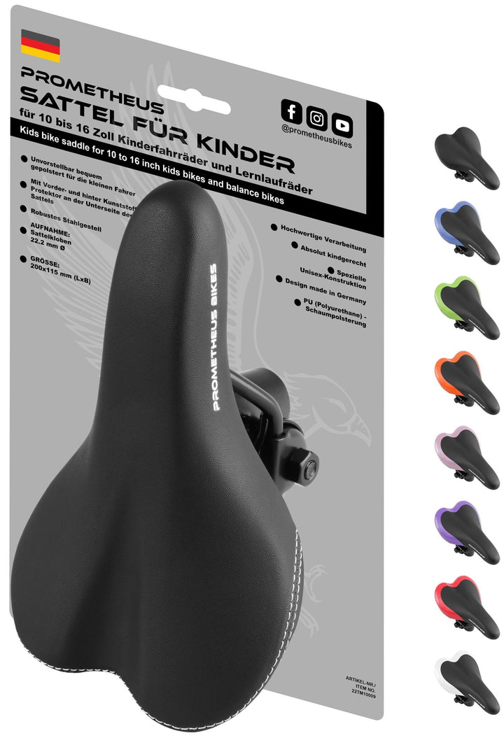 Sattel für 10 bis 16 Zoll Kinderfahrrad Laufrad in Schwarz – Fahrradsättel von prometheus - bikes | prometheus - bikes