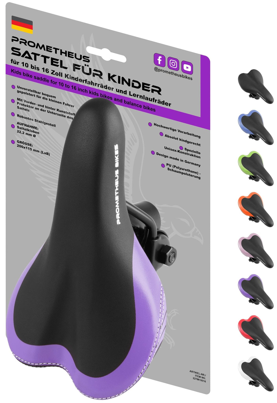 Sattel für 10 bis 16 Zoll Kinderfahrrad Laufrad in Violett – Fahrradsättel von prometheus - bikes | prometheus - bikes