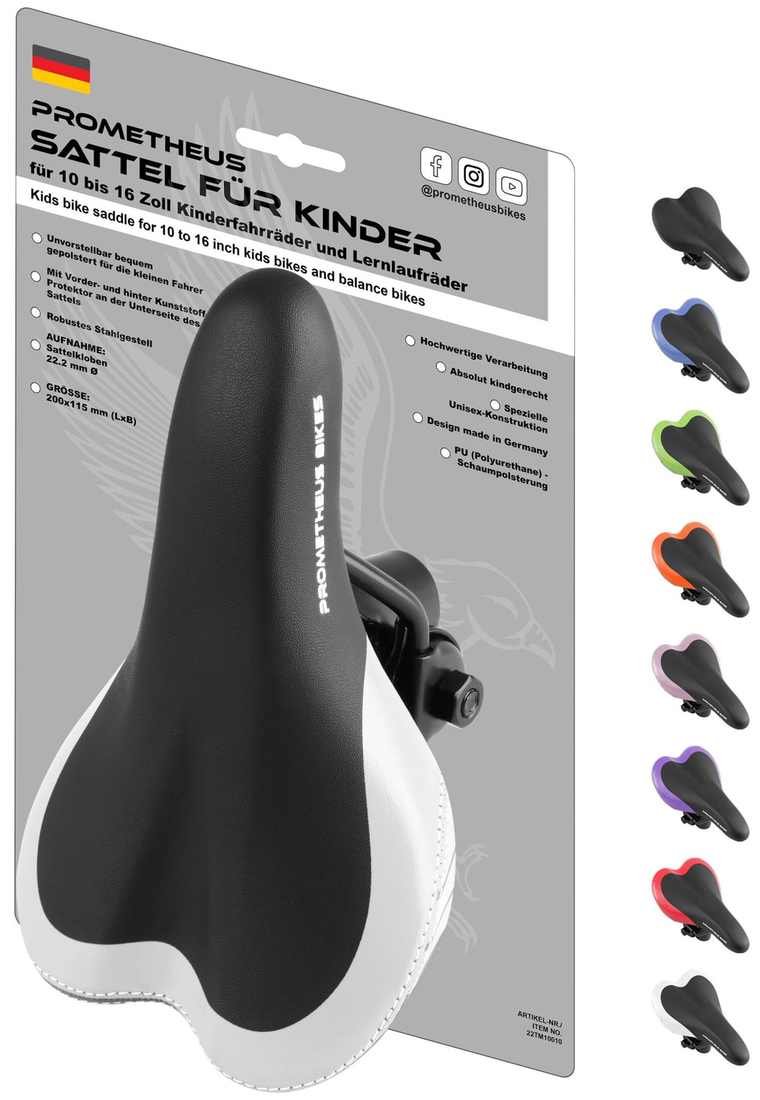 Sattel für 10 bis 16 Zoll Kinderfahrrad Laufrad in Weiß – Fahrradsättel von prometheus - bikes | prometheus - bikes