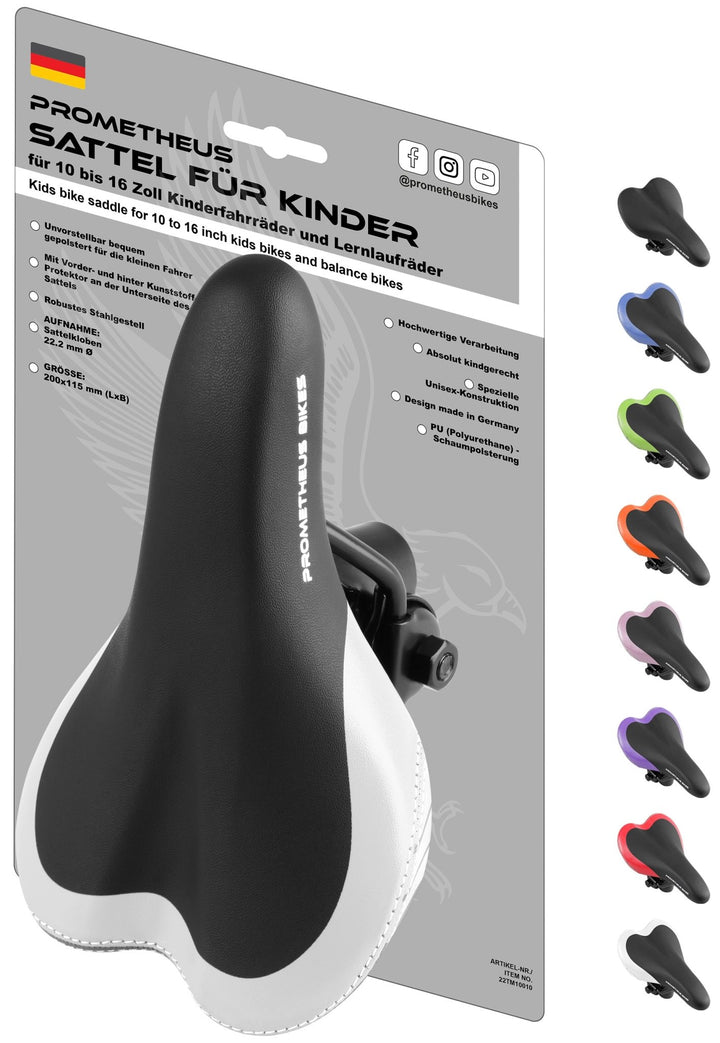 Sattel für 10 bis 16 Zoll Kinderfahrrad Laufrad in Weiß – Fahrradsättel von prometheus - bikes | prometheus - bikes