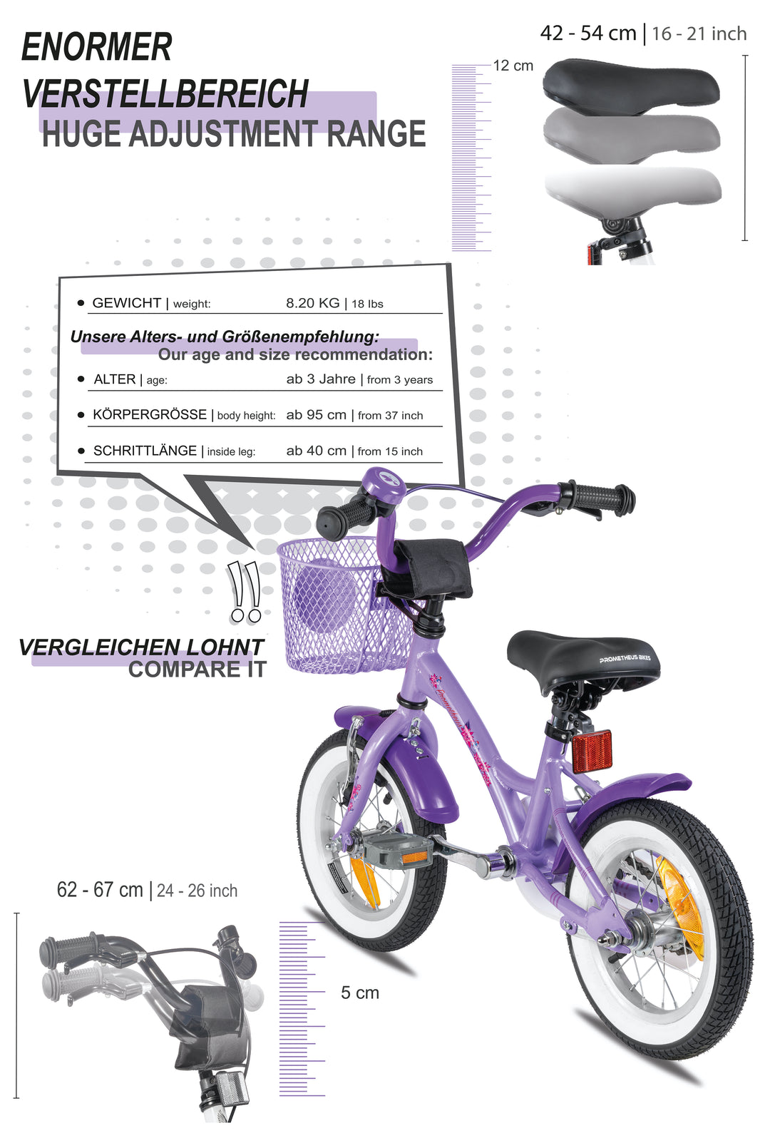 Kinderfahrrad 12 Zoll ab 3 Jahre mit Stützräder in Violett & Weiß